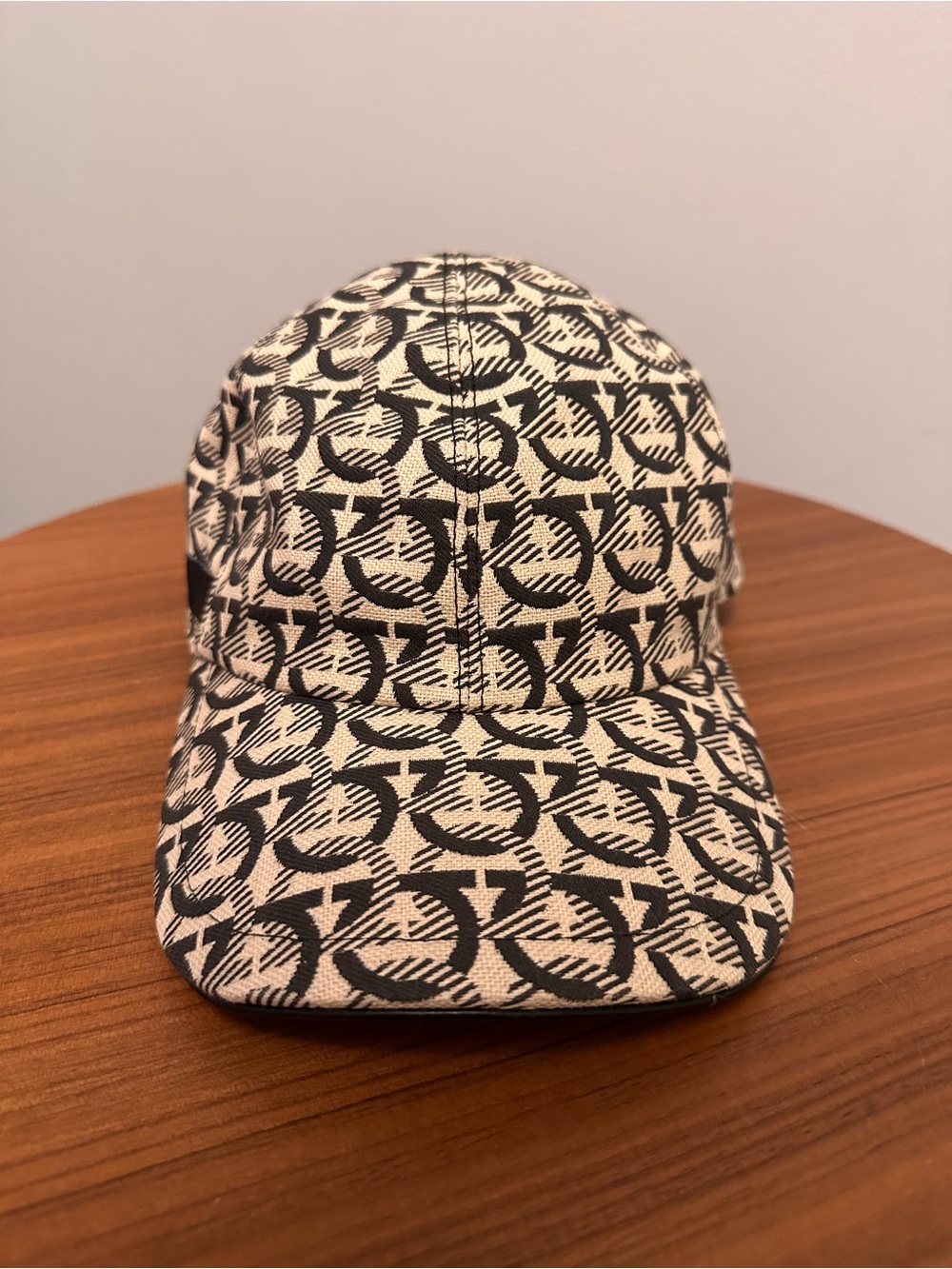 Ferragamo Gancini Pattern Black and Cream Baseball Cap